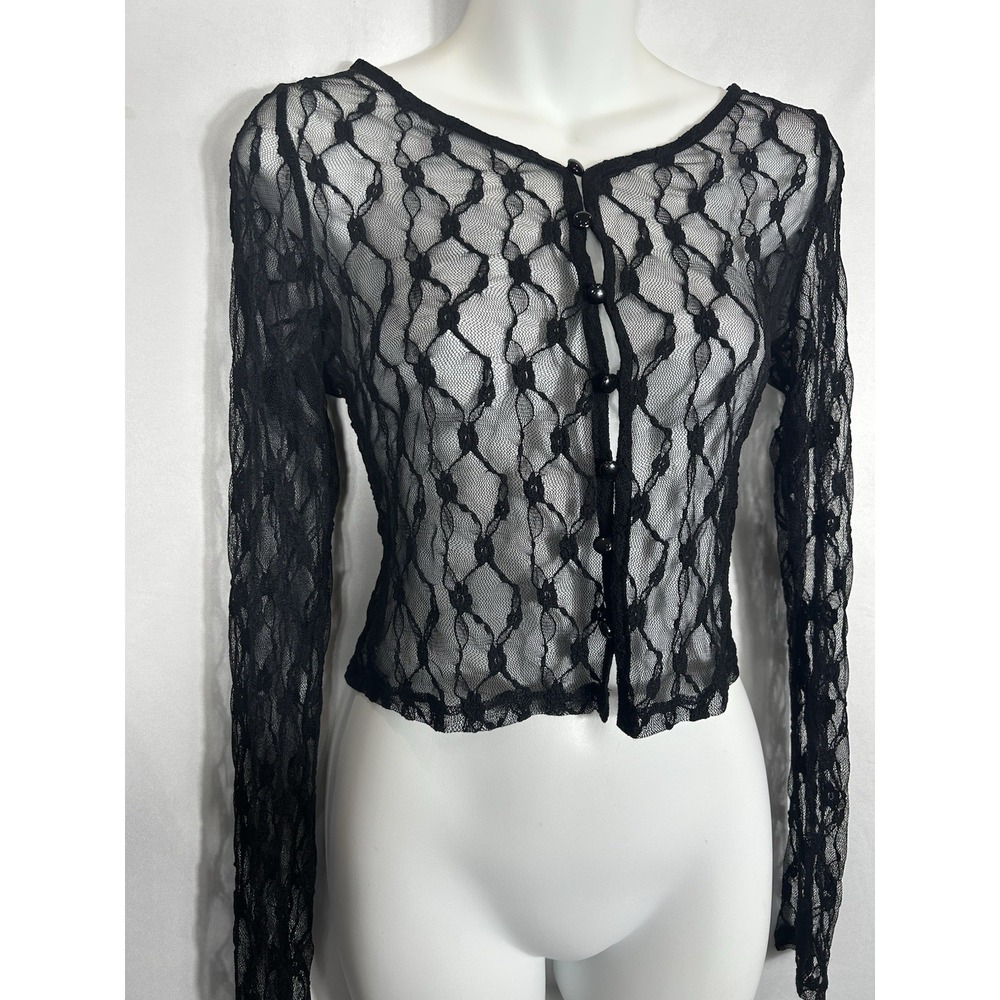 Sheer Lace Mesh Overlay Top Pointelle Cardigan Y2K Black Fairy Grunge Whimsigoth